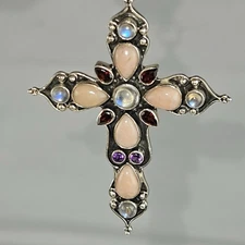 Nicky Butler Moonstone Signed NB Sterling Silver 925 Cross Pendant Necklace 15g