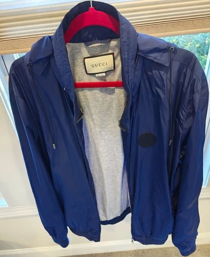 Gucci Men’s Blue Hooded Full Zip Nylon Windbreaker Jacket Logo Size L/XL - product listing photo
