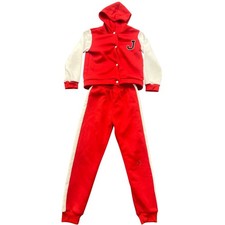 Tracksuit Set Unisex Kids 140 9-10 Red J Print Hooded Fleece Lined Tapered Leg