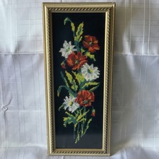 Vintage Framed Tapestry Cross - Stitch. Floral/ Poppies. 8in x 19in Ex/Con 