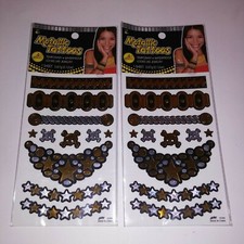 Set of 2 Metallic Temporary Tattoos Gold Silver Pretend Play 2 Sheets 4 Styles