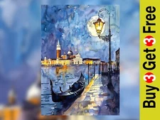 Venice Gondola at Night 5"x7" Print on Matte Paper | Romantic Cityscape Artwork