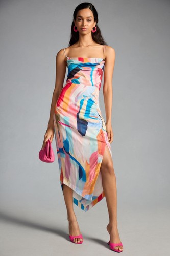 NWT BY ANTHROPOLOGIE SQUARE COWL-NECK RUCHED SIDE-SLIT SLIP DRESS
