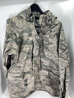 USAF ABU Goretex Parka Coat Men Size Large Long Full Zip Tiger Stripe JROTC CAP
