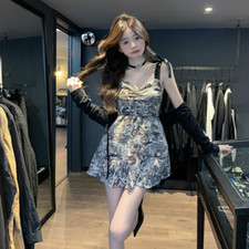 Women's Ink Painting Fashion Elegant Print Waist Halter A-line Skirt Dress