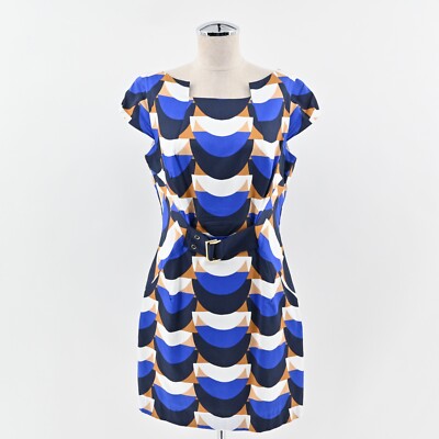 Milly Mini Sheath Dress Womens Size 10 Blue Geometric Cotton Boat Neck USA Retro