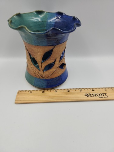 Studio Art Pottery 5” Tall Pierced Vase Candle Holder, Drop Glaze, Marked - Picture 4 of 6