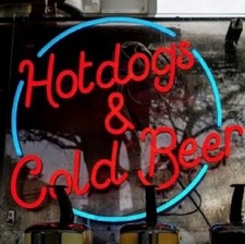 Hot Dogs Cerveza Fría Hamburguesas Carne Abierta 20"x16" Luz Neón Letrero Lámpara Barra Vidrio Real
