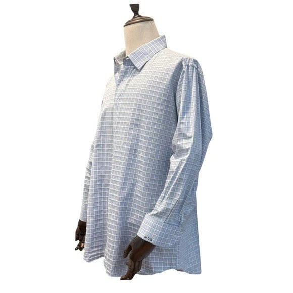 "Camisa de vestir Tom James para hombre azul blanco estampado a cuadros puño francés botón talla 17""" Foto 3 de 4