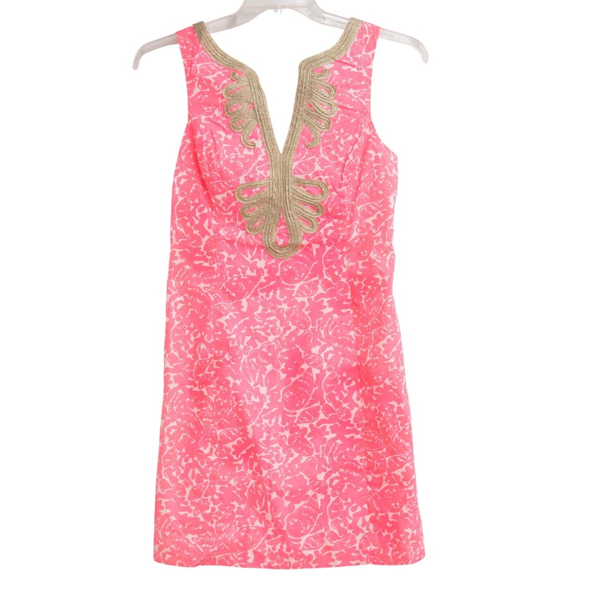 Lilly Pulitzer Shift Dress Sz 4 Hot Pink White Gold Summer Tropical Resortwear Lilly Pulitzer Shift Dress Sz 4 Hot Pink White Gold Summer Tropical Resortwear