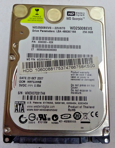 WESTERN DIGITAL ***WD2500BEVS*** 250 GB *** SATA HDD Notebook 2,5 Zoll #NFP1546