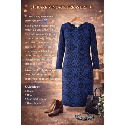 RARE FIND  Norm Thompson Vintage Blue Black Medallion Jacquard Shift Dress S