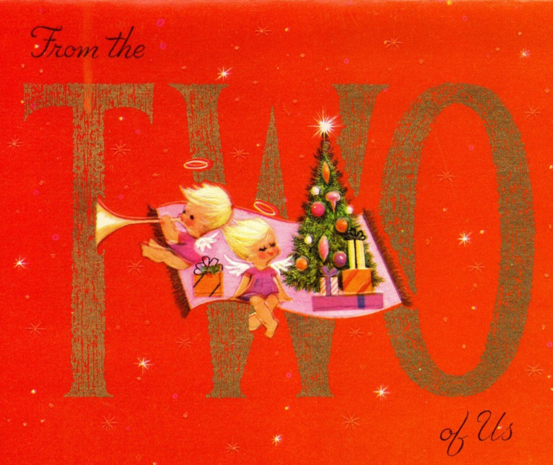 Vtg From the 2 of Us Angels Magic Carpet Christmas Tree Greeting Card Atomic Mod