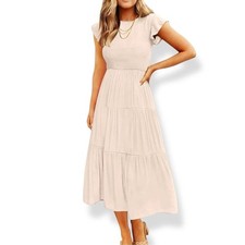 Apricot Cottagecore Smocked Tiered Midi Dress Short Sleeve Peachy Tan M NEW