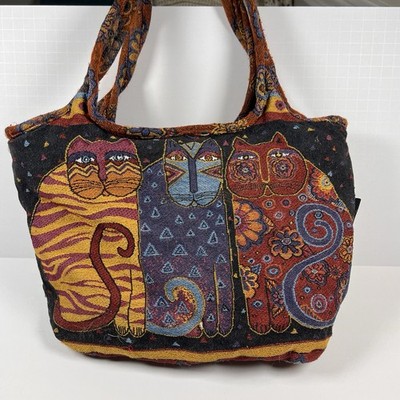 Vintage Laurel Burch Tres Gatos Tapestry Tote Bag Cat Shoulder Purse Folk Art