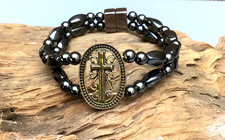 Men's Women's 100 Magnetic Hematite Black Double Bracelet Oval Gold Color Cross