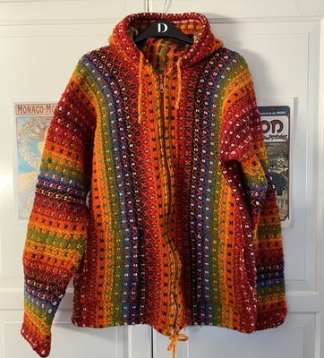 Bunte Regenbogen Ethno Art-to-Wear Wollmischung Hoodie Pullover Jacke M 12