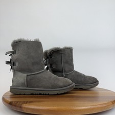 Big Kids Ugg Bailey Bow II Gray Sheepskin Suede Mid Calf Boots Booties Size 4 Y