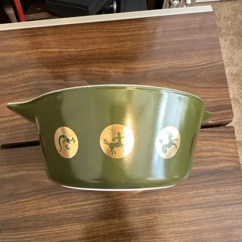 Pyrex Zodiac Symbols Green Gold White Glass Round Vintage Casserole Dish