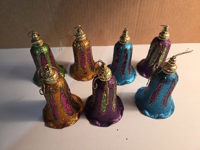 Lot of 7 Glittery Christmas Bell Ornaments