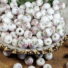 Porcelain Beads, 50 Pcs, Dainty Flower Beads, Pink Flower Beads, Round Beads