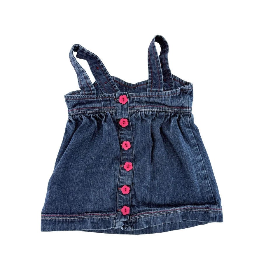 Pumpkin Patch Denim Dress Girls 3-6 Months Pink Floral Pockets Button Back - Image 2 of 4