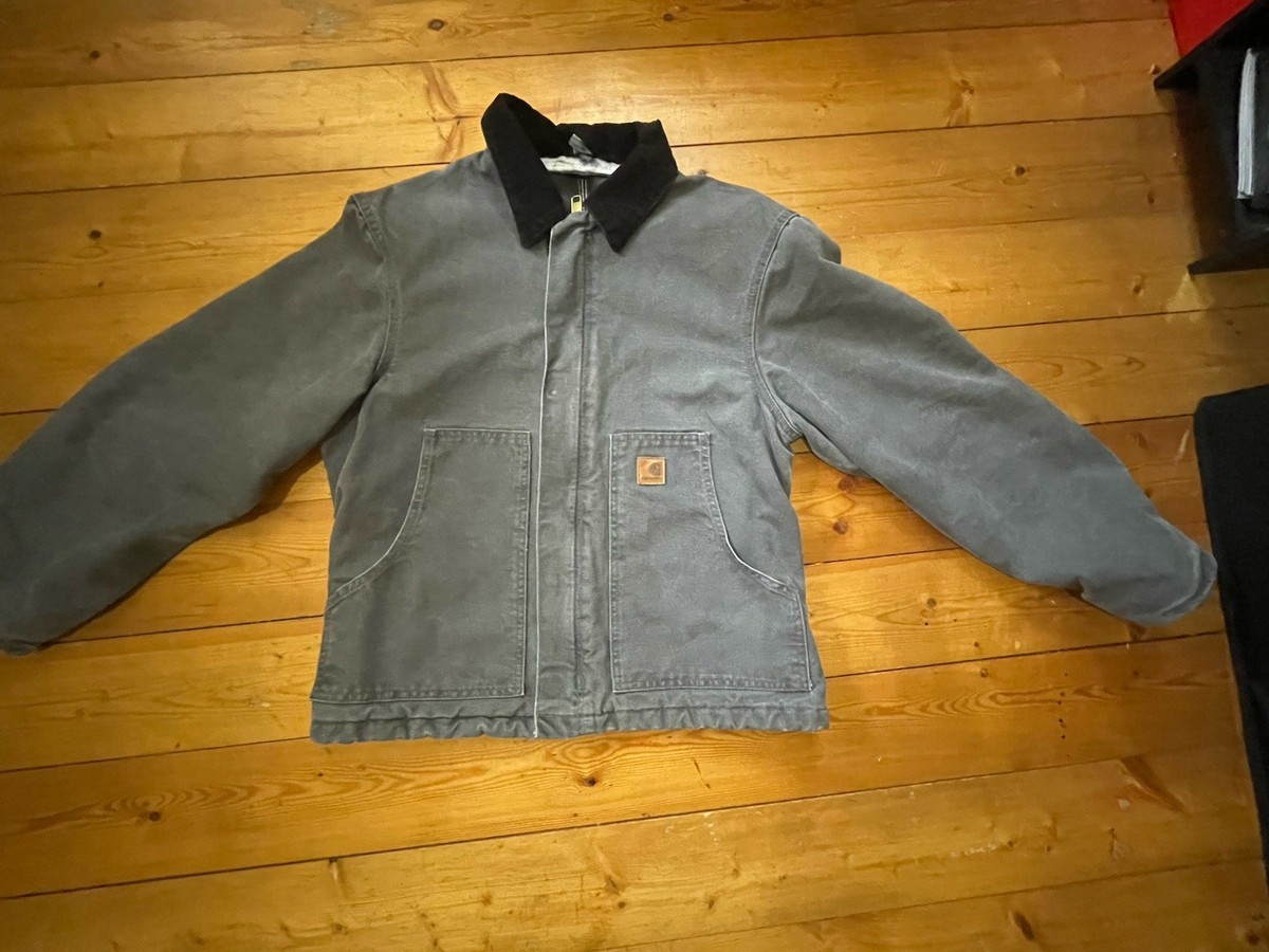 Carhartt Gray Work Jacket Zip Closure Black Collar Logo Lined
