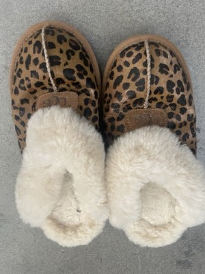 UGG Women's Leopard Print Shearling Slip-On Slippers Fur Trim Comfort