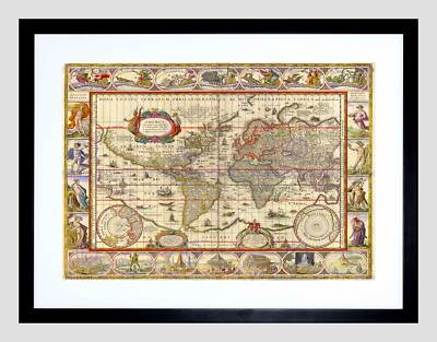 MAP ANTIQUE WORLD DECORATIVE ORNATE BLACK FRAMED ART PRINT PICTURE B12X7099