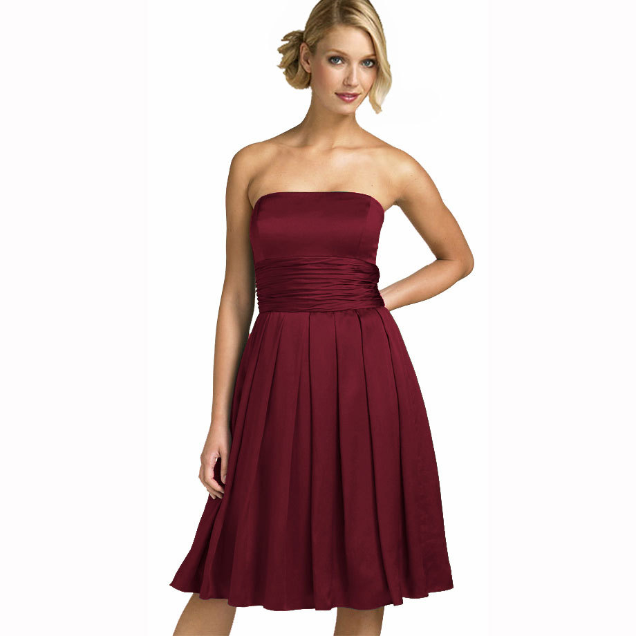 A-Line Strapless Knee Length Satin Cocktail Party Bridesmaid Prom