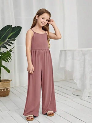 Girls Solid Color Casual Cami Wide Leg Sleeveless Jumpsuit Pink Size 11-12