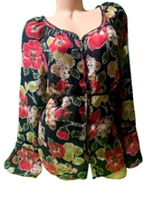 Venezia blouse 14/16 button-up Bell sleeves - Colorful - Lace insets NWOT