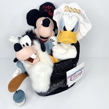 Disney Store Happy New Year 2000 Bean Bag Plush Set 8" Donald Goofy Mickey Hat