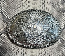 Horse Head with Rhinestone Accented Flower Ornate Western Nocona Belt Buckle