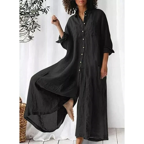 Elegante mono de mujer de lino con botones manga larga pierna ancha pantalones palazzo de playa - Imagen 34 de 52
