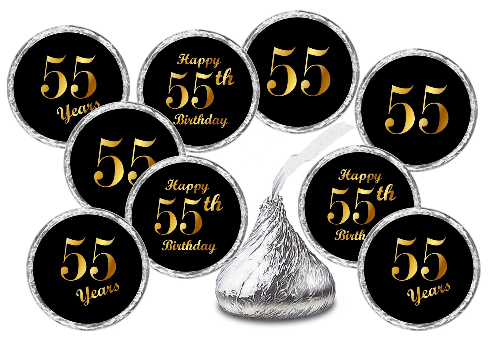 55th Birthday Black Kisses Stickers - 216 Chocolate Drop Labels for Parties & Gifts