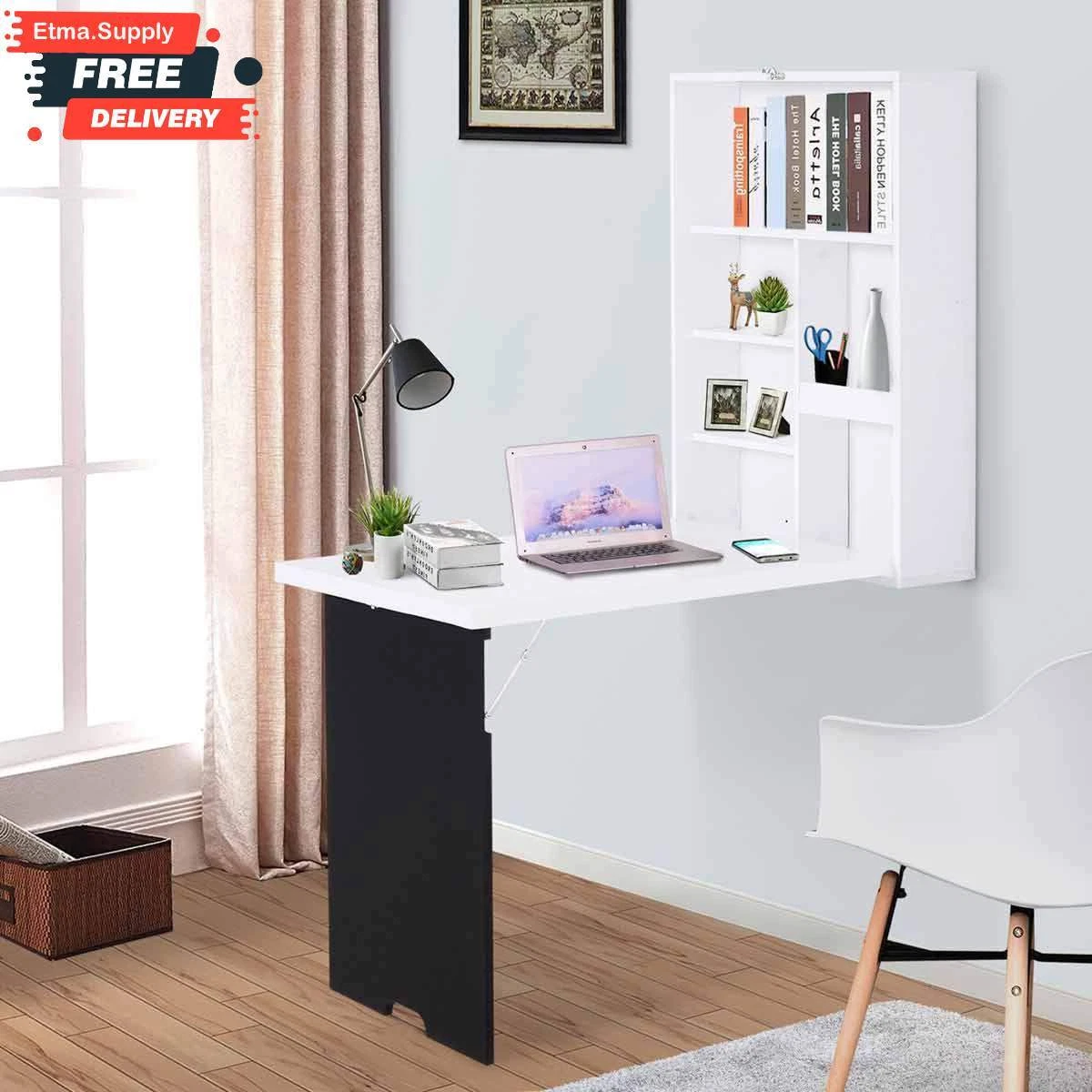 Fold Away Desk White Table Wall Workstation Shelves Floating Folding Compact New