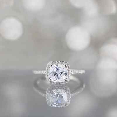 Sterling Silver Total 1.92 CT Halo Cushion Cut Moissanite Wedding Ring For Women