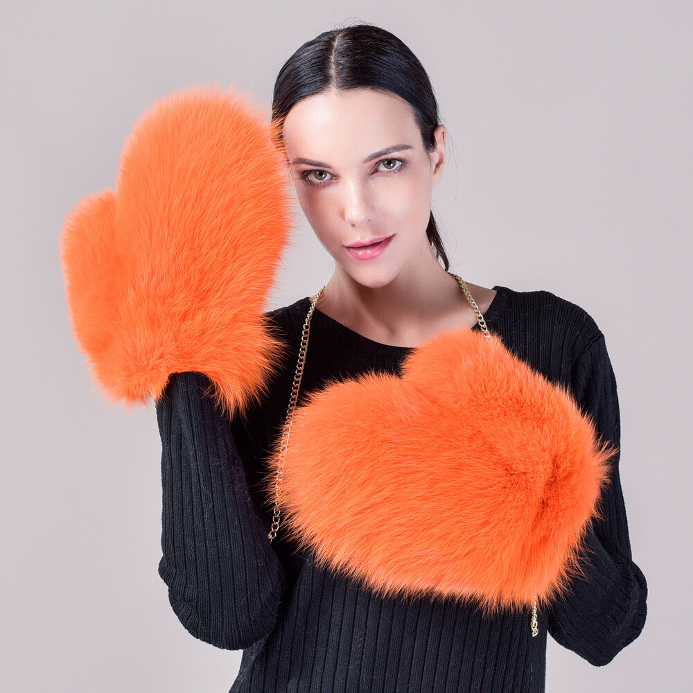 Women's Luxury Real Fox Fur Gloves Warm Fingerless Soft Big Wrist