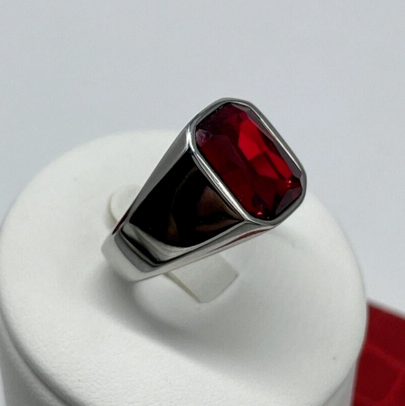 Bague Homme Pierre Rouge Rectangulaire Verticale Brillante Acier 316L Taille 29 - Photo 3/4