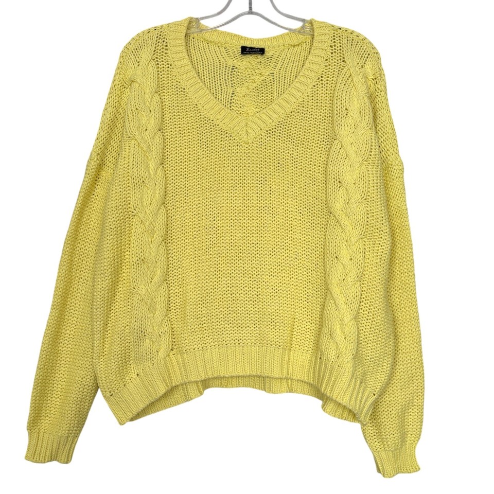 Bardot Womens 14 V-Neck Cable Knit Slouchy Jumper Yellow Beachy Coastal