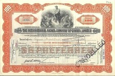 International Nickel Company of Canada 100 shares stock certificate, 1930s