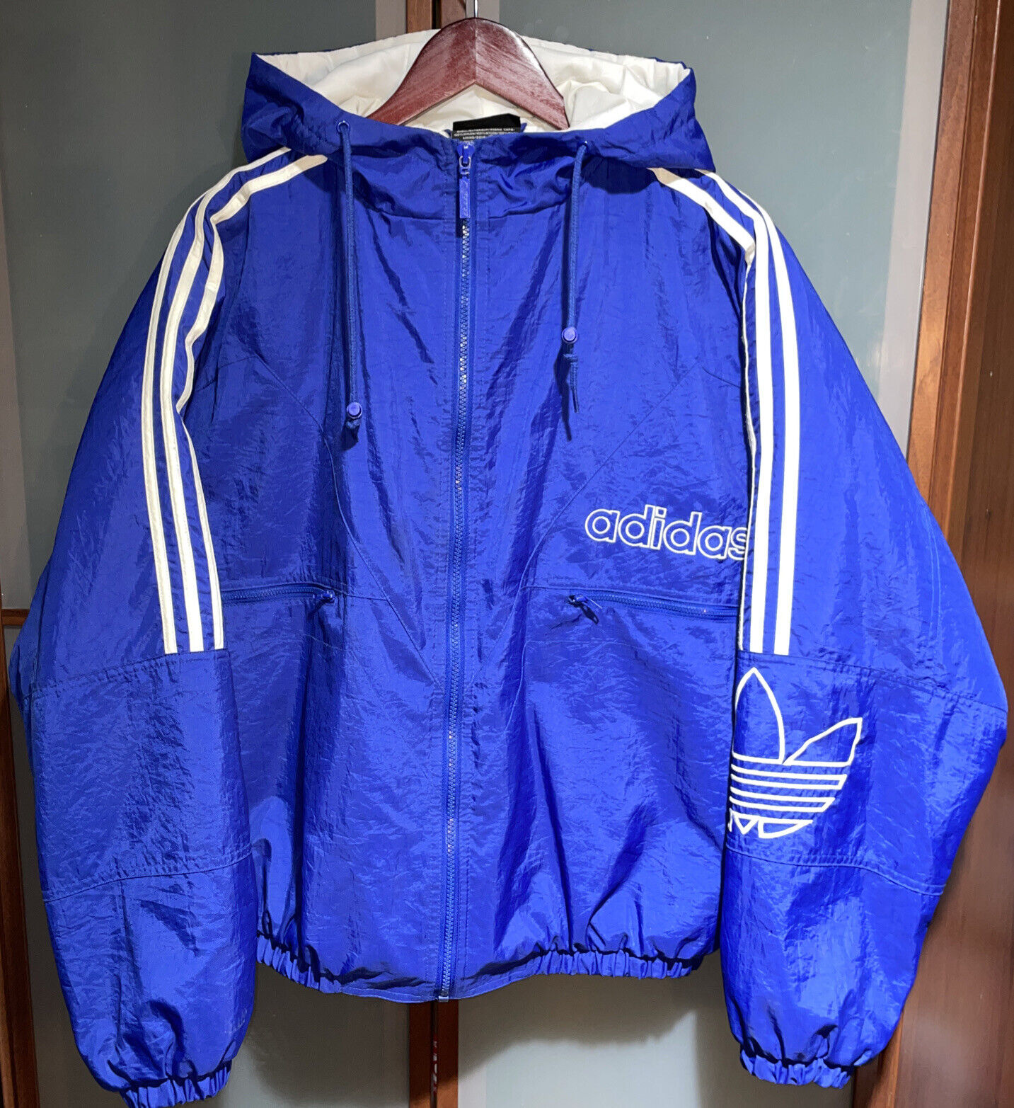 Adidas Vintage Y2K 00s Hooded Windbreaker Jacket Blue White Logo