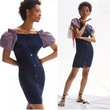 Maeve Anthropologie Puff Sleeve Mini Dress Blue Ribbed Knit Buttons Stretch LRG