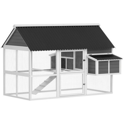 PawHut Chicken Coop, Wooden Chicken House with Run & Nesting Boxes, Gray
