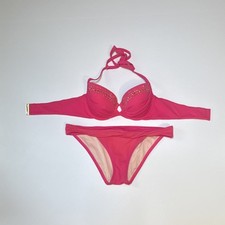 VTG Y2K Victoria's Secret Pink Bikini 34B Rhinestone Gold Padded Underwired READ