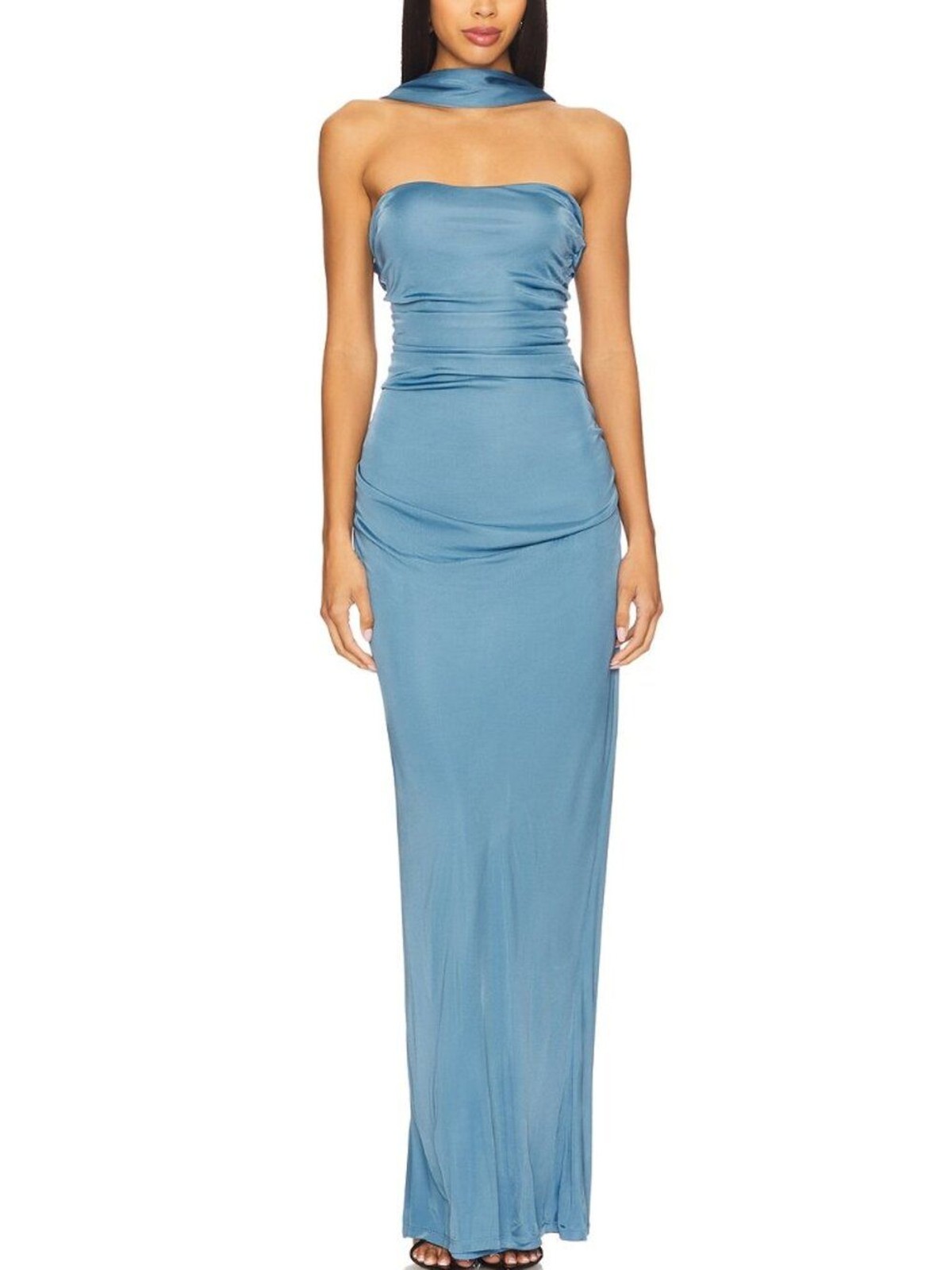 NBD Elsie Gown in Blue strapless with neck tie maxi ruched bodycon backless