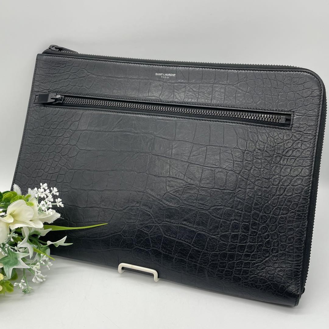 Saint Laurent Paris Crocodile Embossed Second Clutch Bag