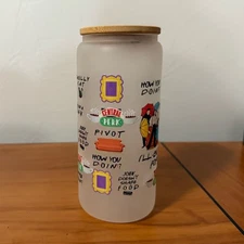 Friends 16oz Libbey Frosted Glass Cup Embossed Raised Detail bamboo lid NO STRAW