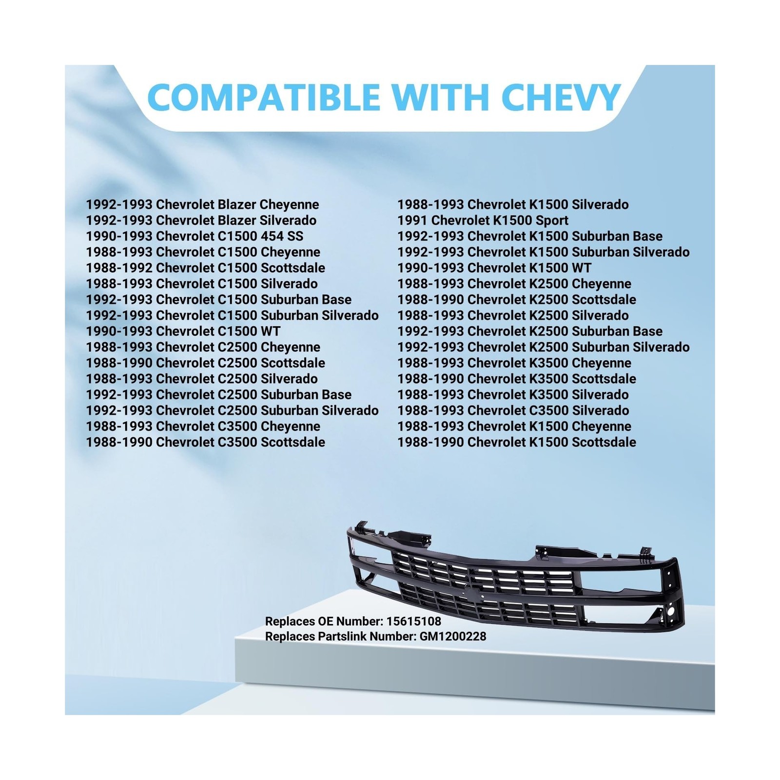 Perfit Liner Front Black Grille Grill Compatible with 1988-1993 Chevrolet C10...